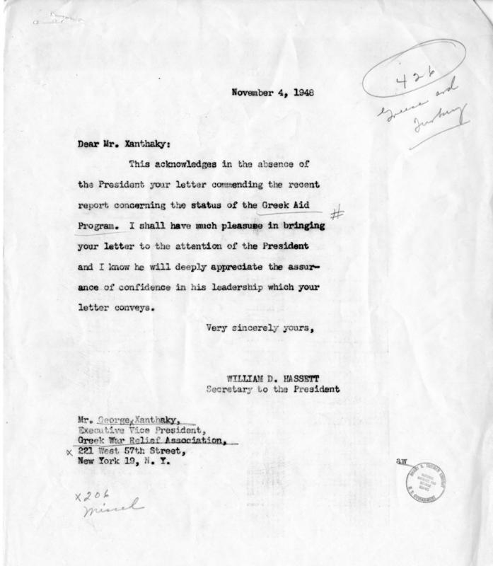 George Xanthaky to Harry S. Truman, with reply by William Hassett