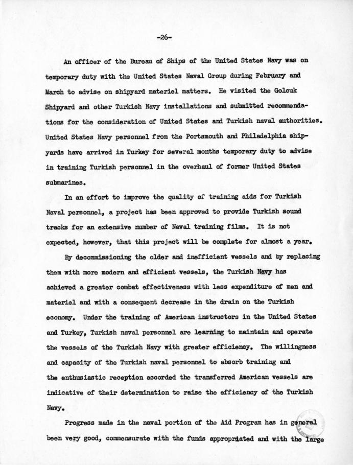 Draft, \"Seventh Report on Congress to Greece and Turkey\" with attached memo