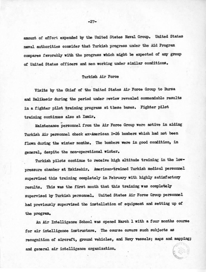 Draft, \"Seventh Report on Congress to Greece and Turkey\" with attached memo