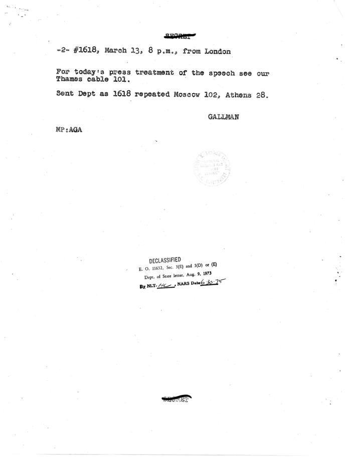 Telegram, Waldemar J. Gallman to George C. Marshall