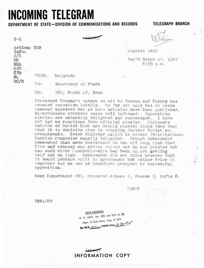 Telegram, John M. Cabot to George C. Marshall