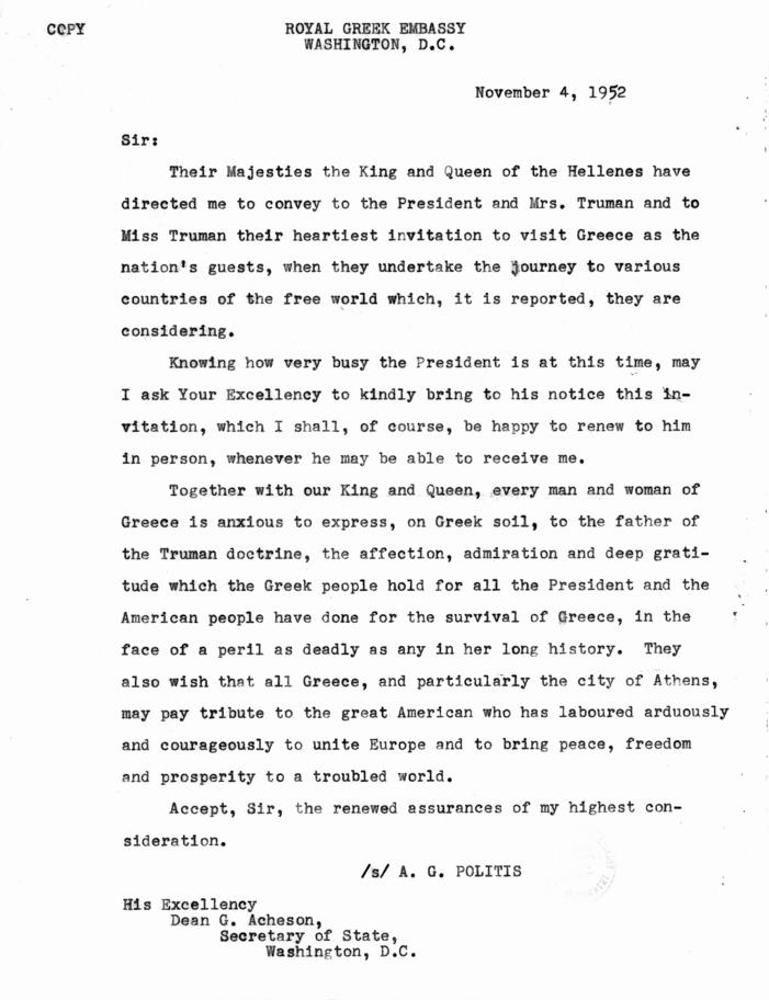 A.G. Politis to Dean Acheson, with attachments
