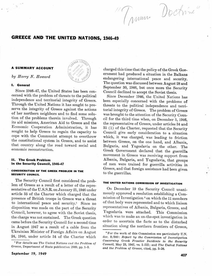 \"Greece and the United Nations, 1946-1949: A Summary Account\", Department of State Bulletin