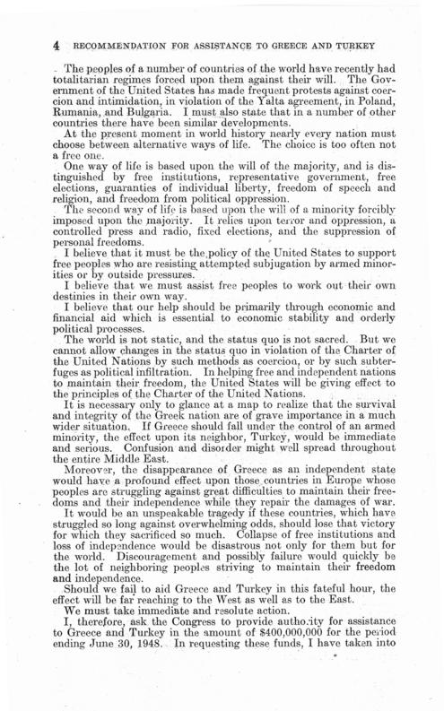 Address of the President to Congress, Recommending Assistance to Greece and Turkey