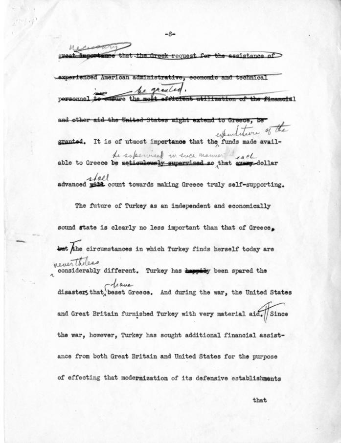 Draft, President\'s Message to Congress on Greek Situation