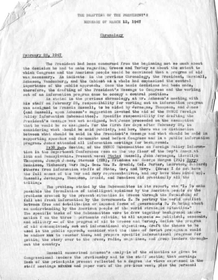 Chronology, \"Drafting of the President\'s Message of March 12, 1947\"