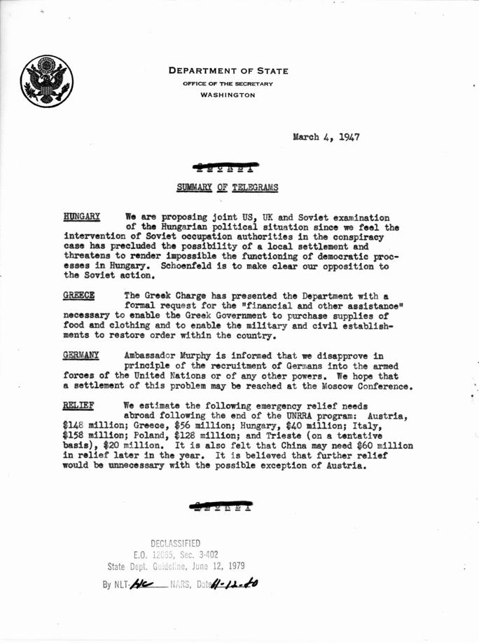 Department of State Summary of Telegrams