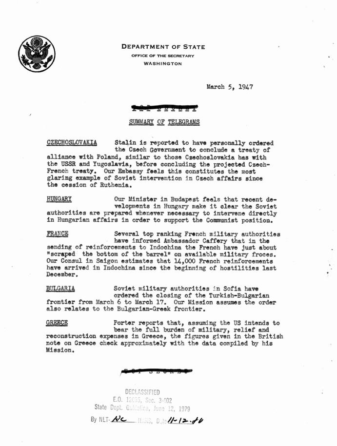 Department of State Summary of Telegrams