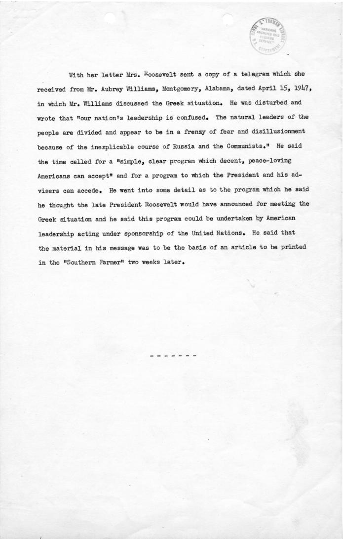 Correspondence between Eleanor Roosevelt and Harry S. Truman, with attachments