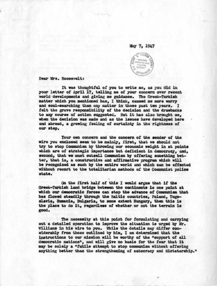 Correspondence between Eleanor Roosevelt and Harry S. Truman, with attachments