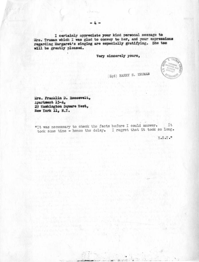 Correspondence between Eleanor Roosevelt and Harry S. Truman, with attachments