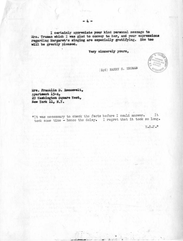 Correspondence between Eleanor Roosevelt and Harry S. Truman, with attachments