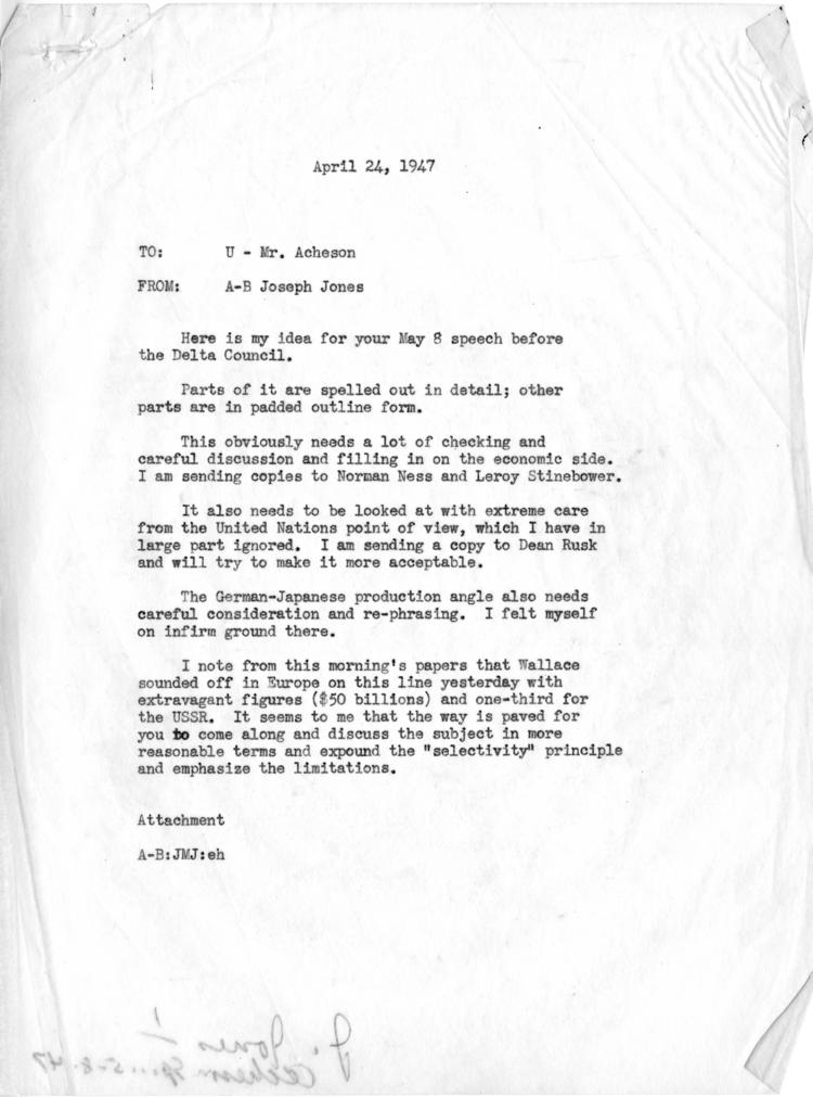 Joseph M. Jones to Dean Acheson, with attached draft outline notes for speech