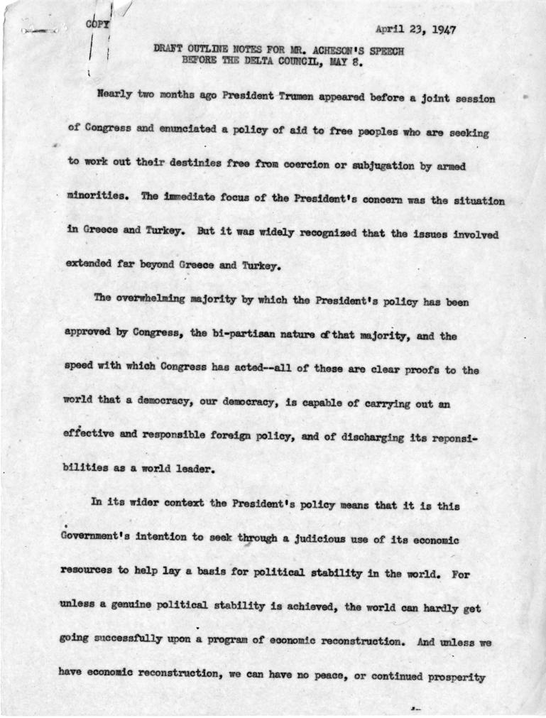 Joseph M. Jones to Dean Acheson, with attached draft outline notes for speech