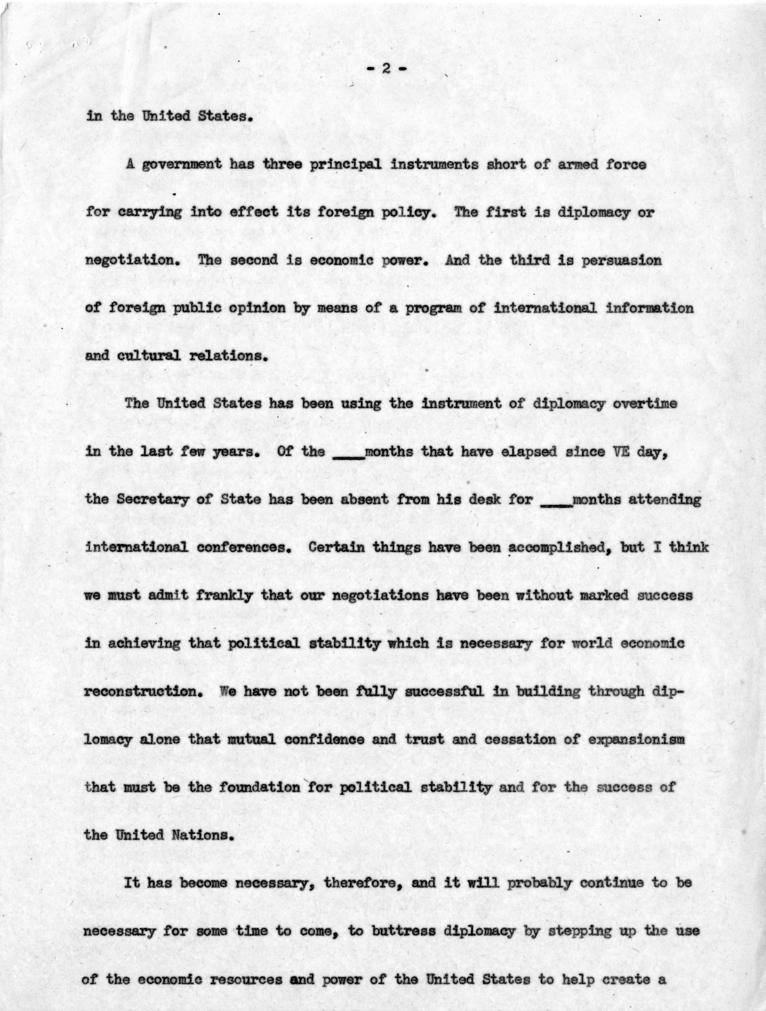 Joseph M. Jones to Dean Acheson, with attached draft outline notes for speech