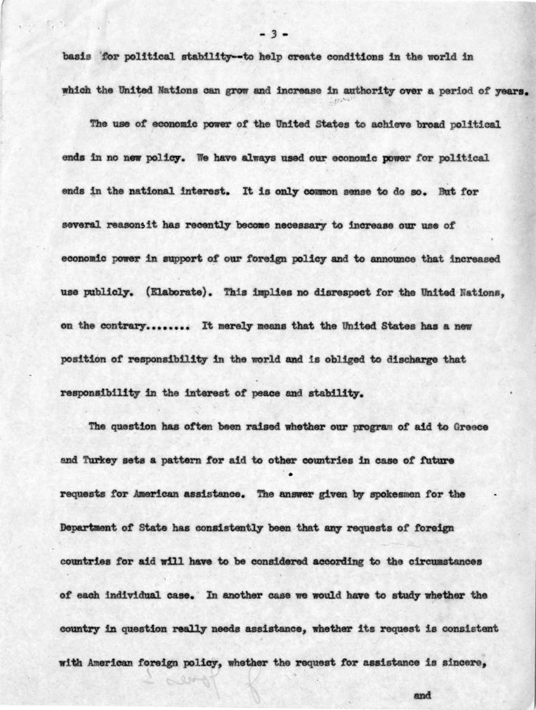 Joseph M. Jones to Dean Acheson, with attached draft outline notes for speech