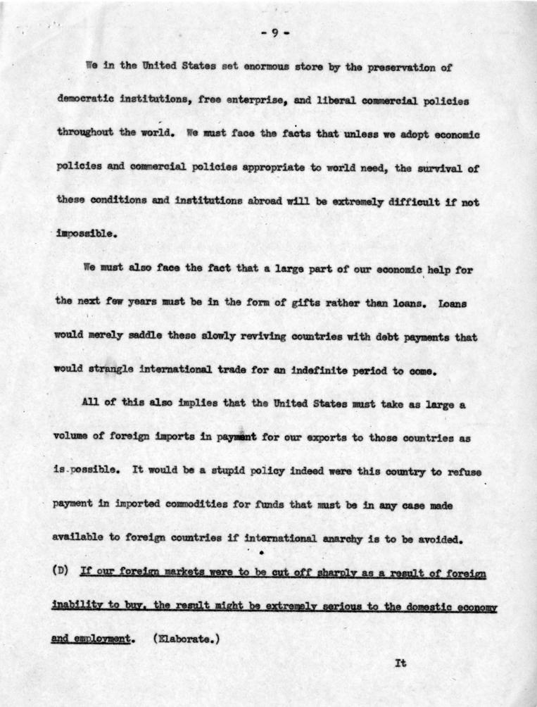 Joseph M. Jones to Dean Acheson, with attached draft outline notes for speech