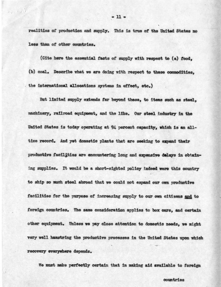 Joseph M. Jones to Dean Acheson, with attached draft outline notes for speech