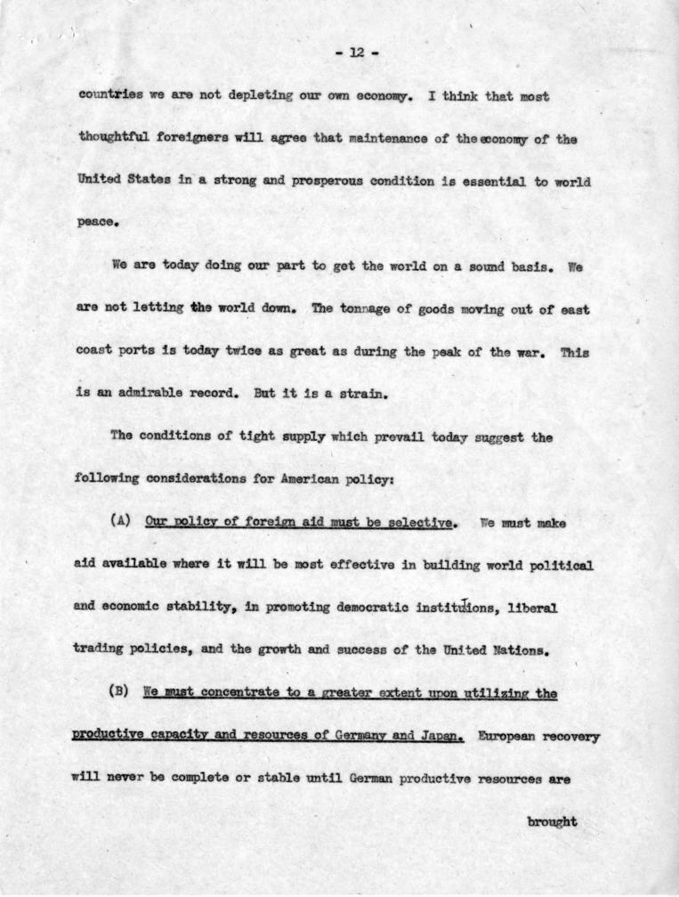 Joseph M. Jones to Dean Acheson, with attached draft outline notes for speech