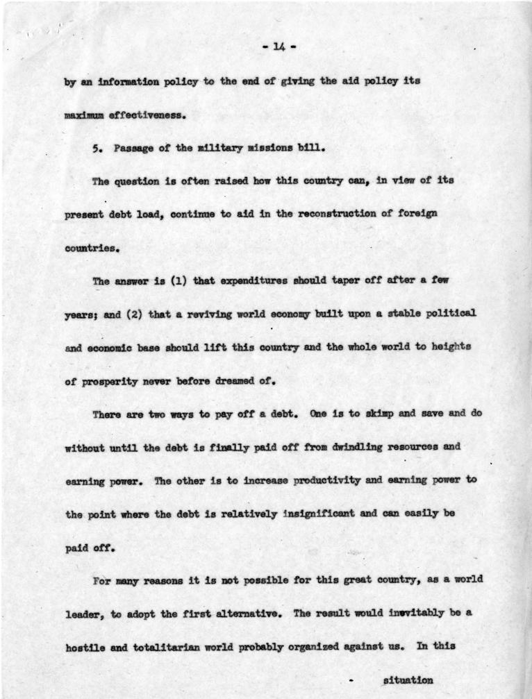 Joseph M. Jones to Dean Acheson, with attached draft outline notes for speech