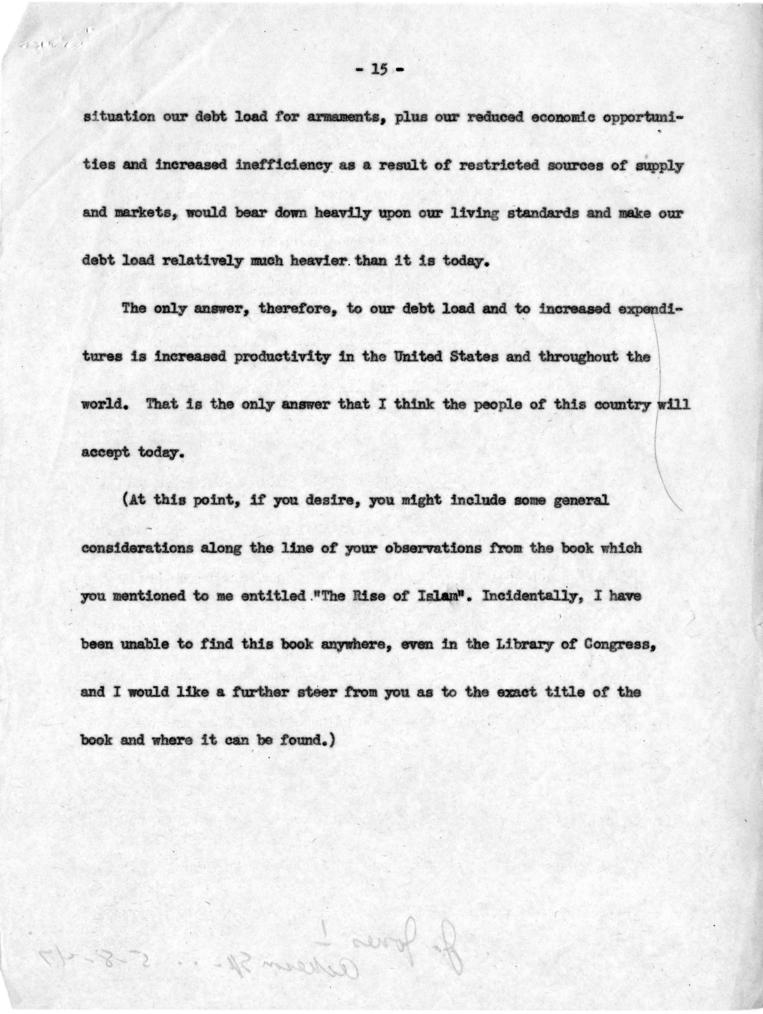 Joseph M. Jones to Dean Acheson, with attached draft outline notes for speech