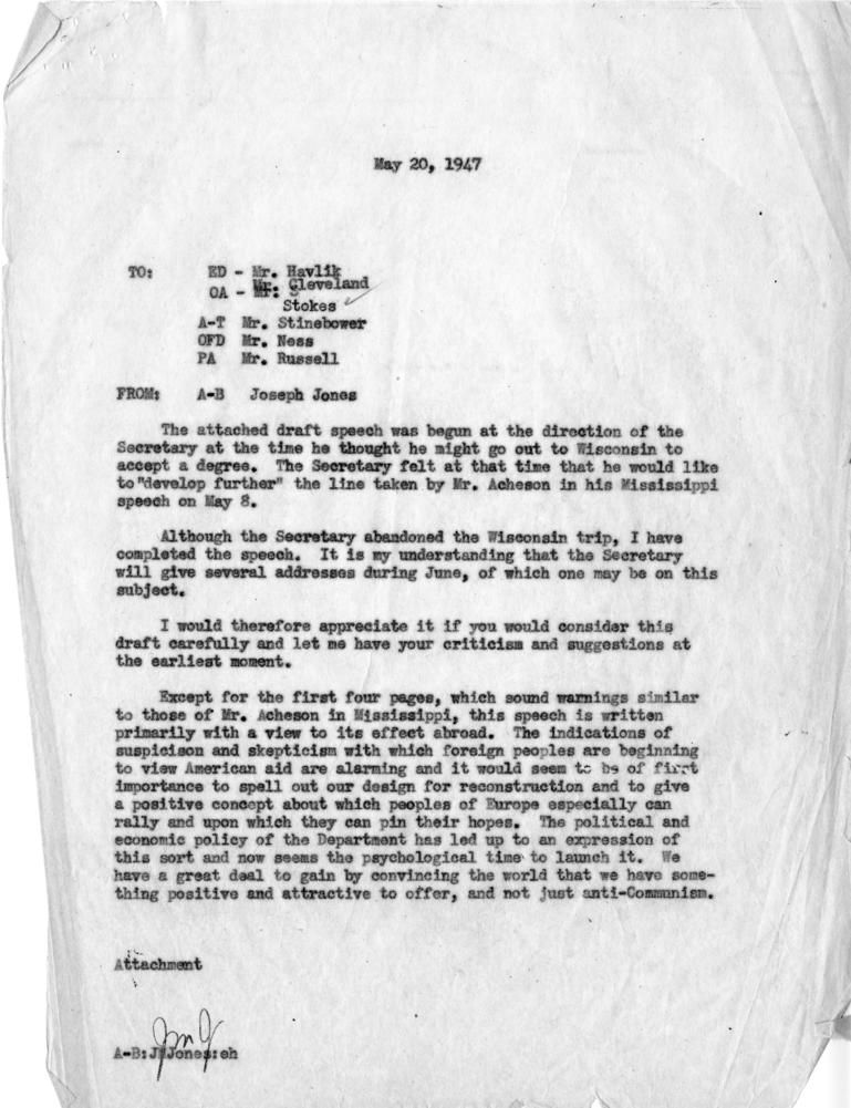 Joseph M. Jones to Hubert Havlick, et al., with attached speech draft