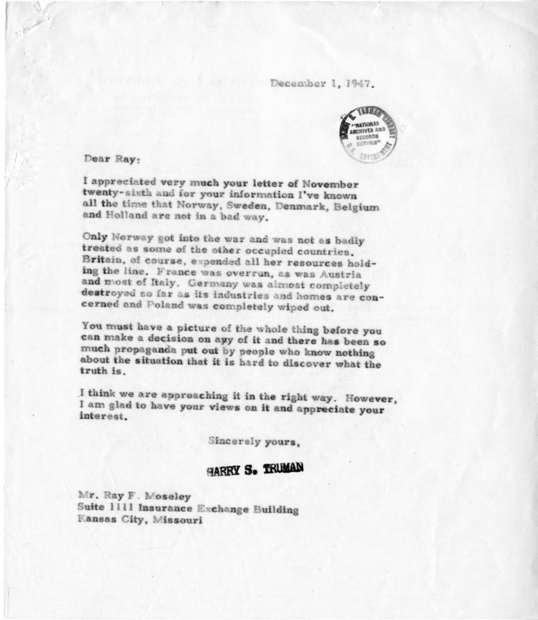 Correspondence between Ray Moseley and Harry S. Truman