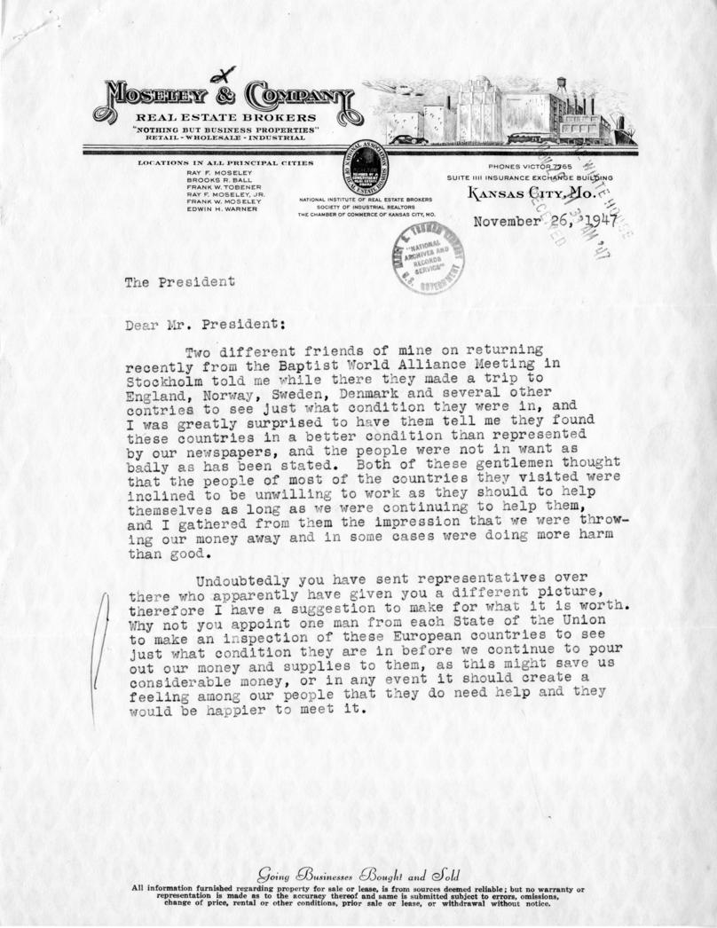 Correspondence between Ray Moseley and Harry S. Truman