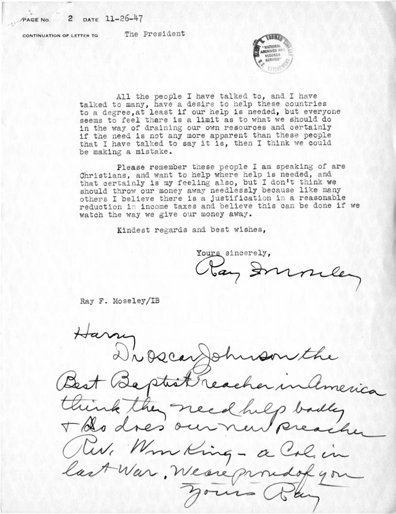 Correspondence between Ray Moseley and Harry S. Truman