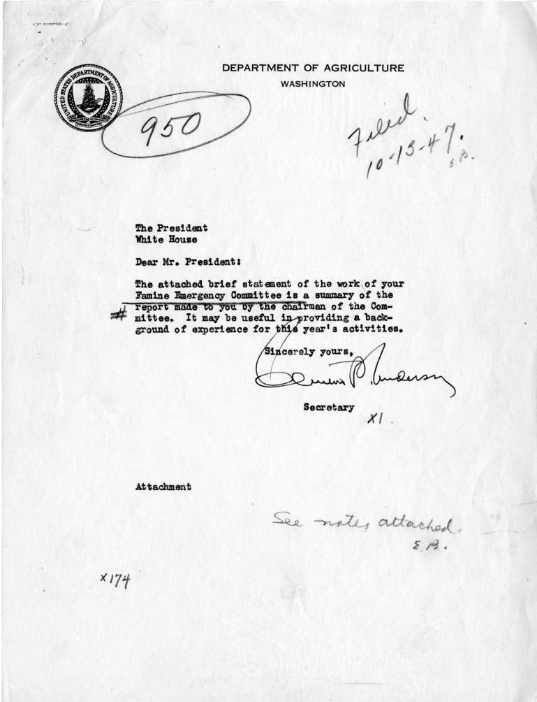 Clinton Anderson to Harry S. Truman, with attached Summary Report of Famine Emergency Committee