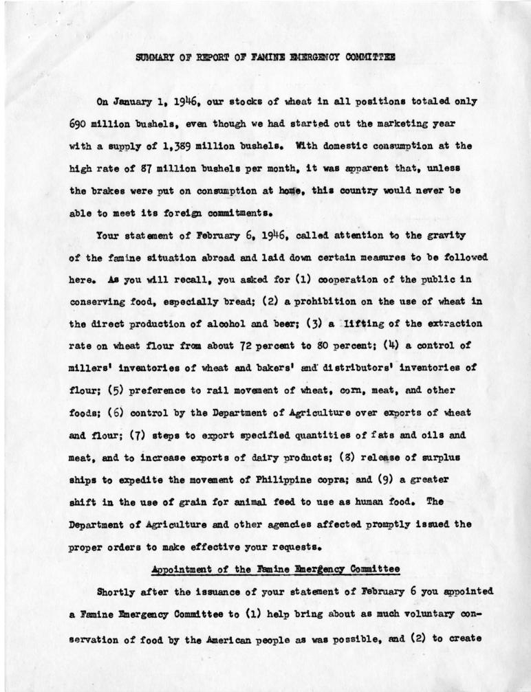 Clinton Anderson to Harry S. Truman, with attached Summary Report of Famine Emergency Committee