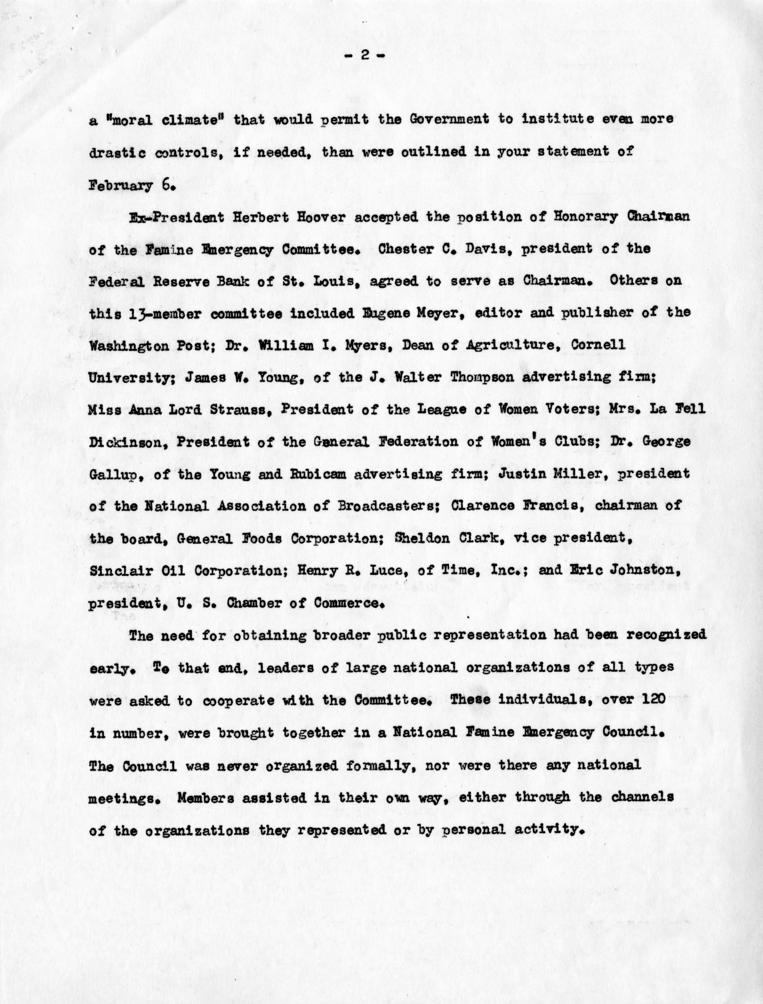 Clinton Anderson to Harry S. Truman, with attached Summary Report of Famine Emergency Committee