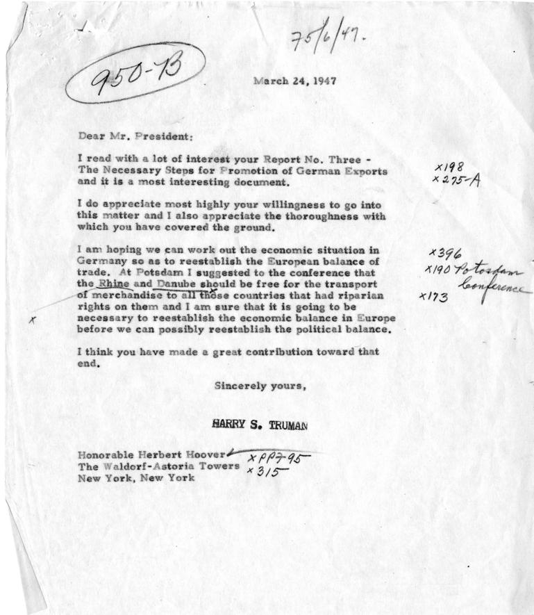 Correspondence between Harry S. Truman and Herbert Hoover