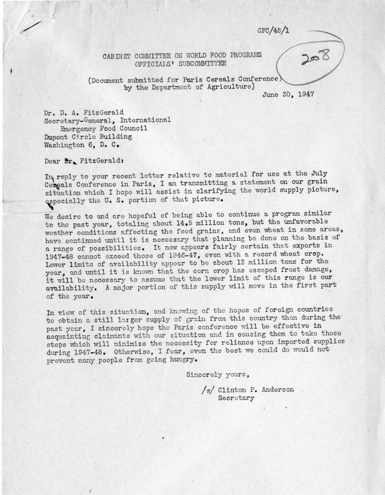 Clinton Anderson to D. A. FitzGerald, with attached report, \"The United States Grain Export Program\"