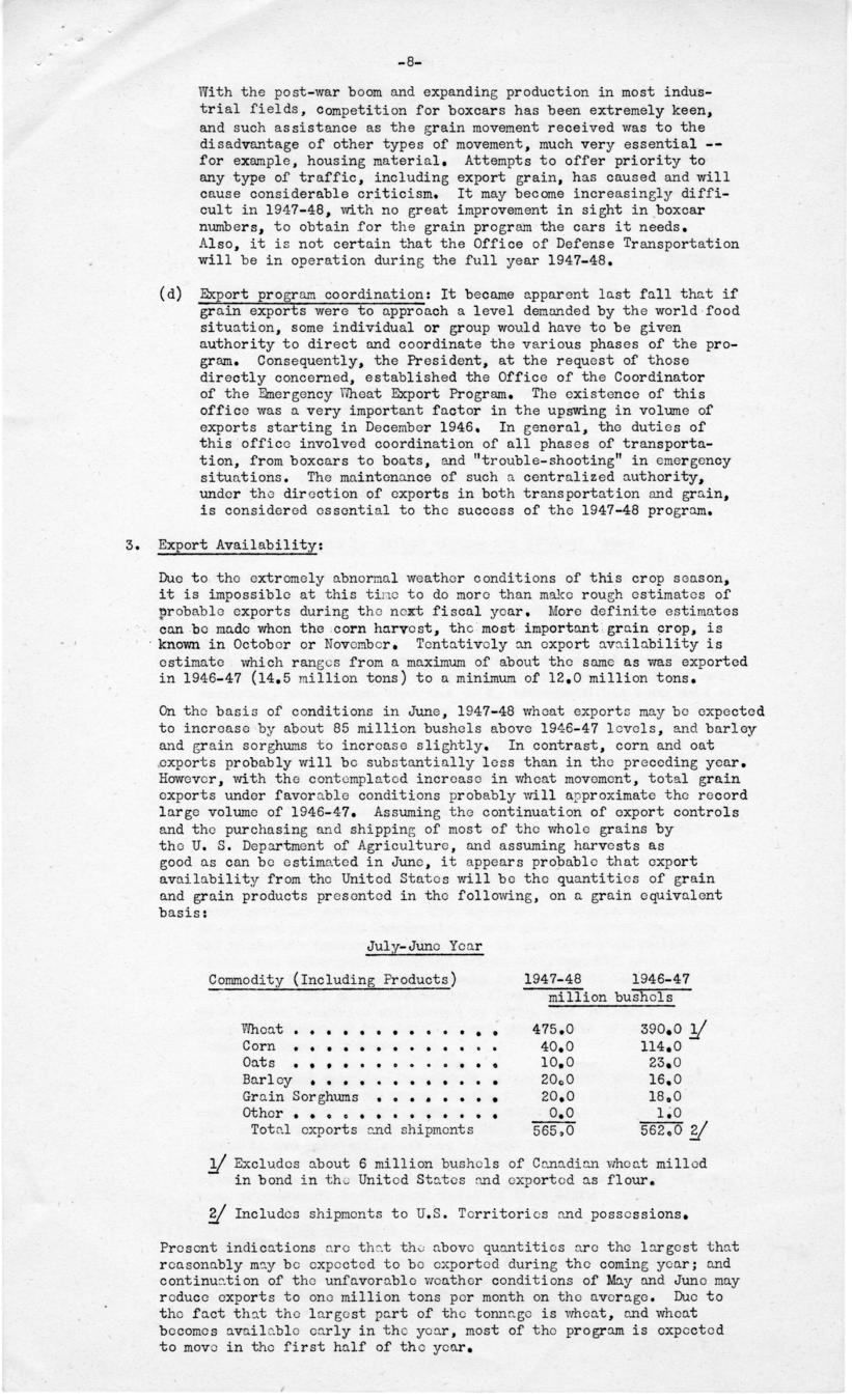 Clinton Anderson to D. A. FitzGerald, with attached report, \"The United States Grain Export Program\"