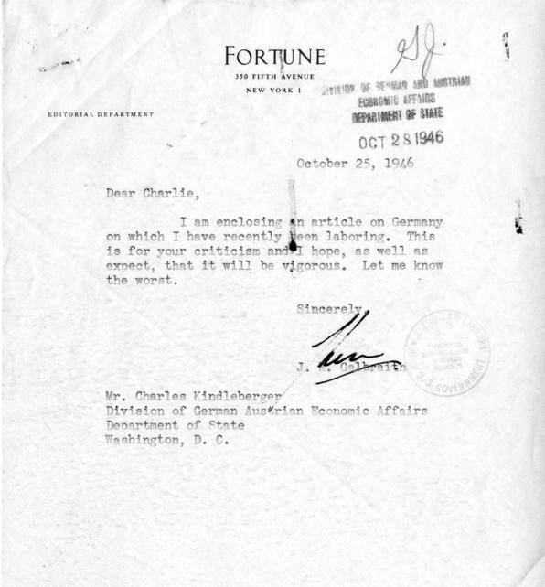 Correspondence between Charles Kindleberger and John K. Galbraith