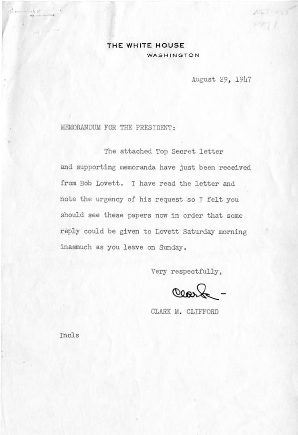 Clark Clifford to Harry S. Truman, with attached report from Robert Lovett