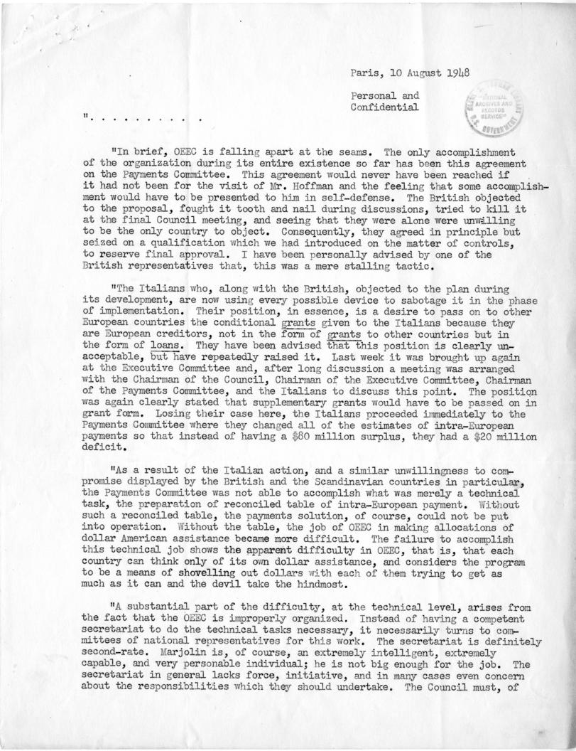Robert Garner to Paul Hoffman, with attachment
