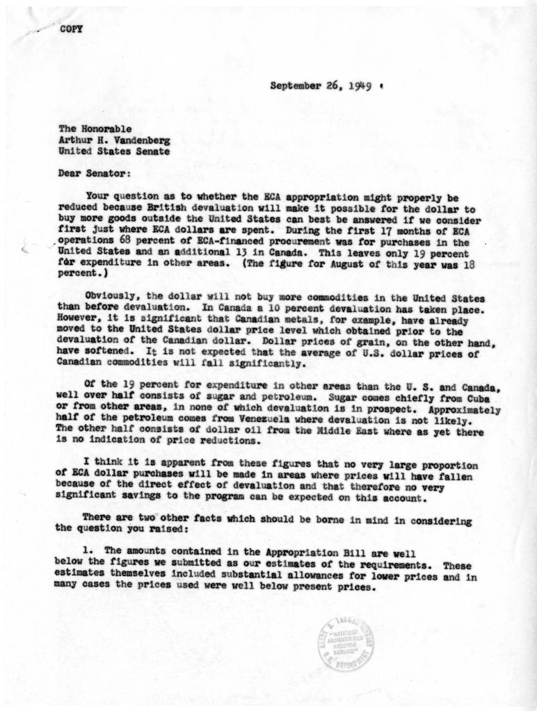 Paul Hoffman to Arthur H. Vandenberg