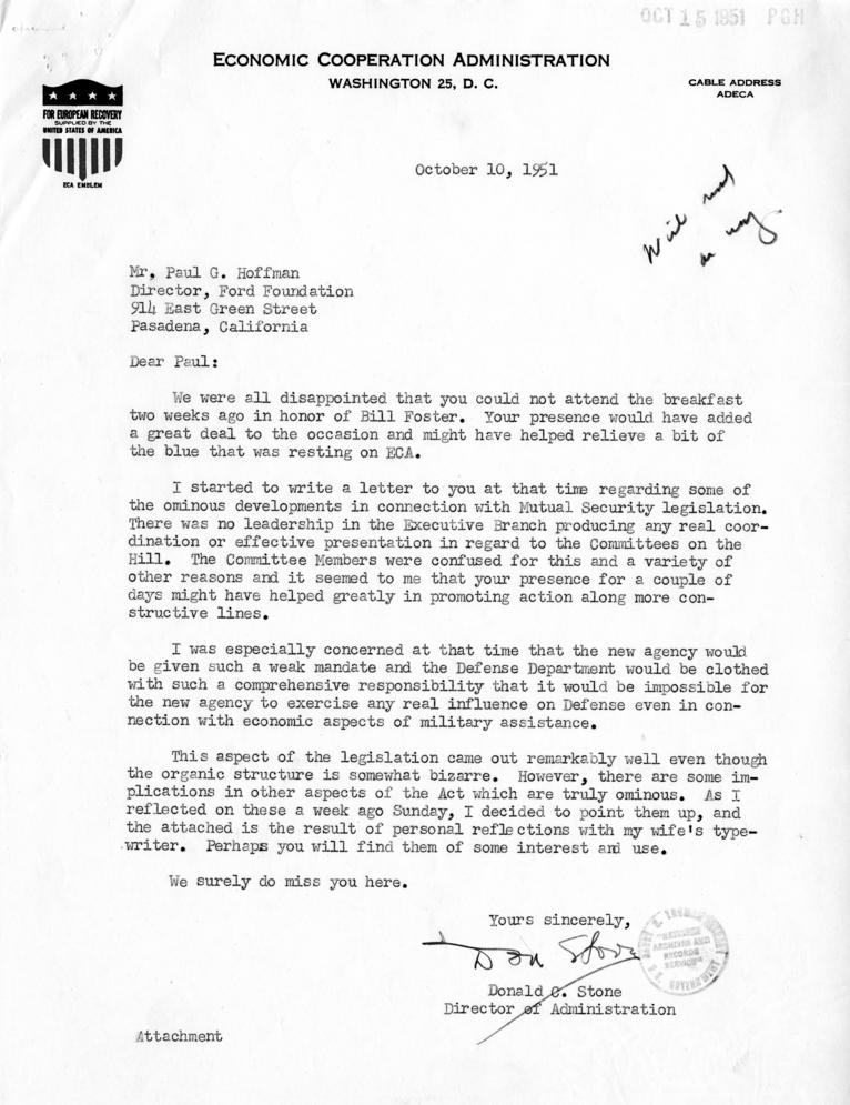 Correspondence between Donald C. Stone and Paul Hoffman, with attached report, \"Implications of Mutual Security Act and Requirements for Action\"