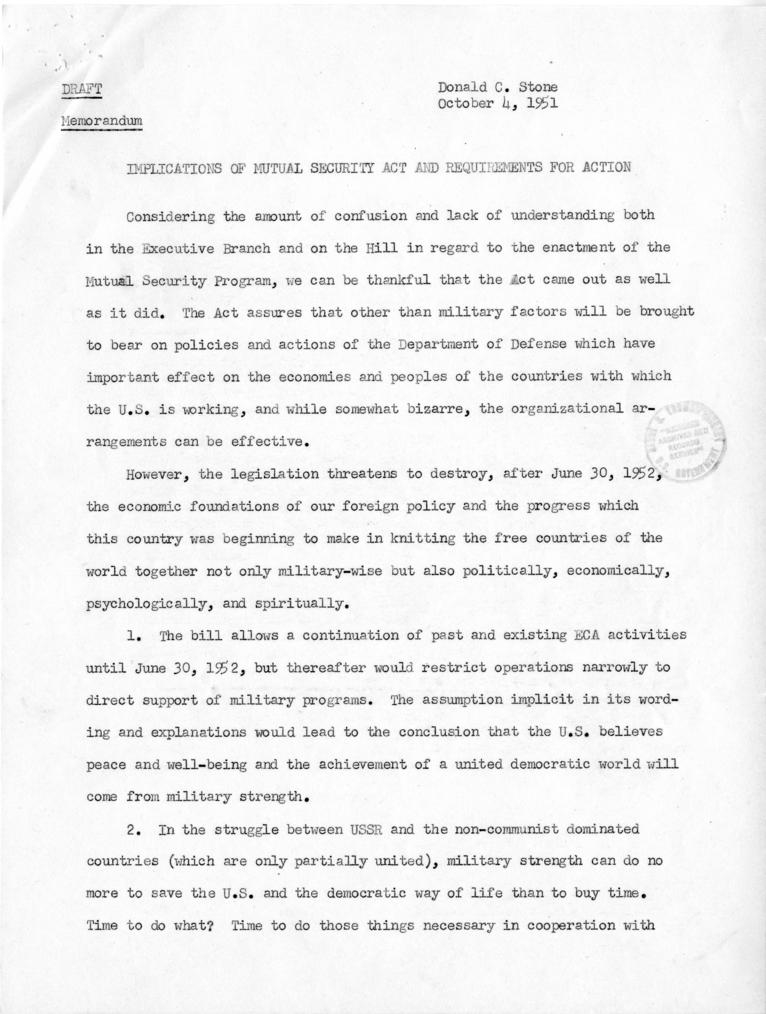 Correspondence between Donald C. Stone and Paul Hoffman, with attached report, \"Implications of Mutual Security Act and Requirements for Action\"