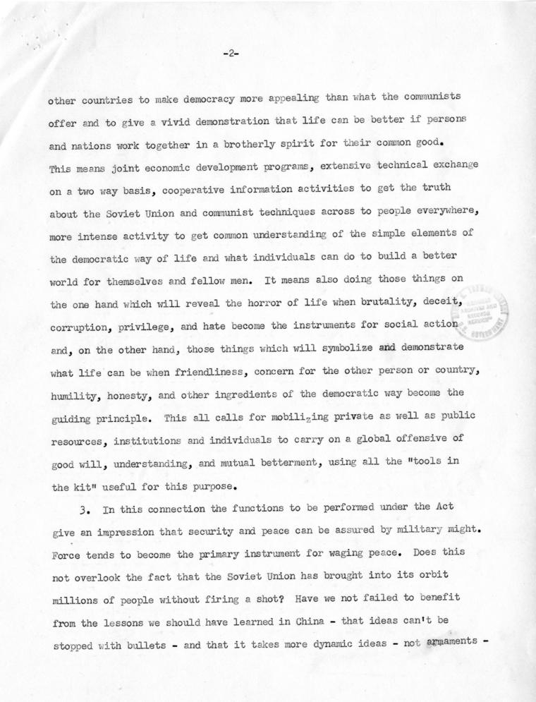 Correspondence between Donald C. Stone and Paul Hoffman, with attached report, \"Implications of Mutual Security Act and Requirements for Action\"