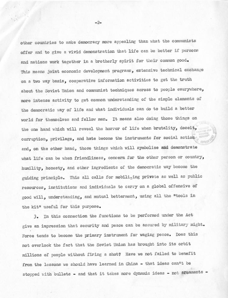 Correspondence between Donald C. Stone and Paul Hoffman, with attached report, \"Implications of Mutual Security Act and Requirements for Action\"