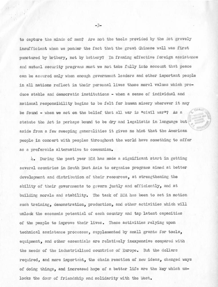 Correspondence between Donald C. Stone and Paul Hoffman, with attached report, \"Implications of Mutual Security Act and Requirements for Action\"