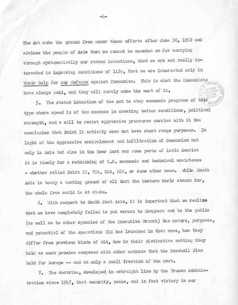 Correspondence between Donald C. Stone and Paul Hoffman, with attached report, \"Implications of Mutual Security Act and Requirements for Action\"