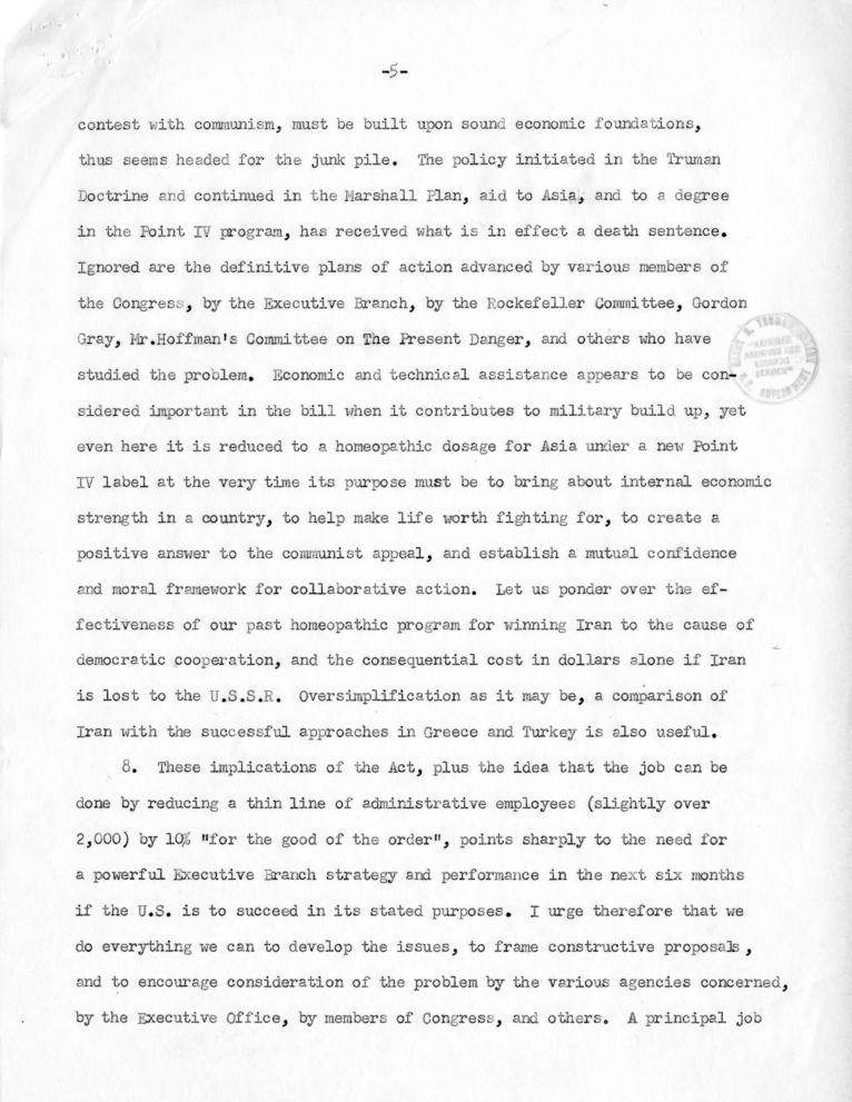 Correspondence between Donald C. Stone and Paul Hoffman, with attached report, \"Implications of Mutual Security Act and Requirements for Action\"