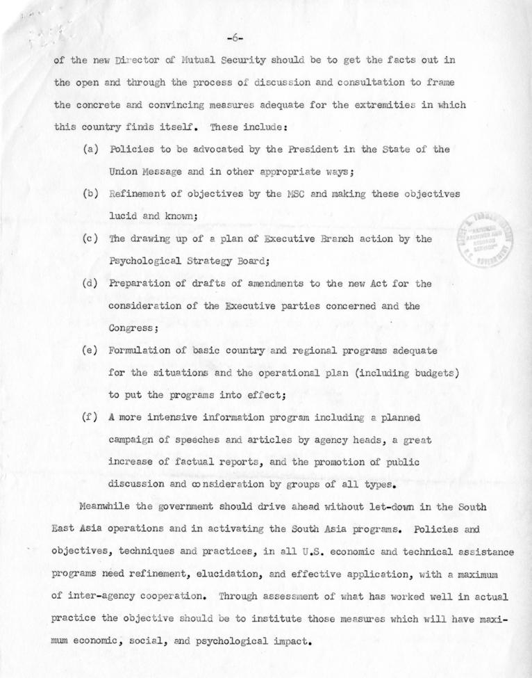 Correspondence between Donald C. Stone and Paul Hoffman, with attached report, \"Implications of Mutual Security Act and Requirements for Action\"