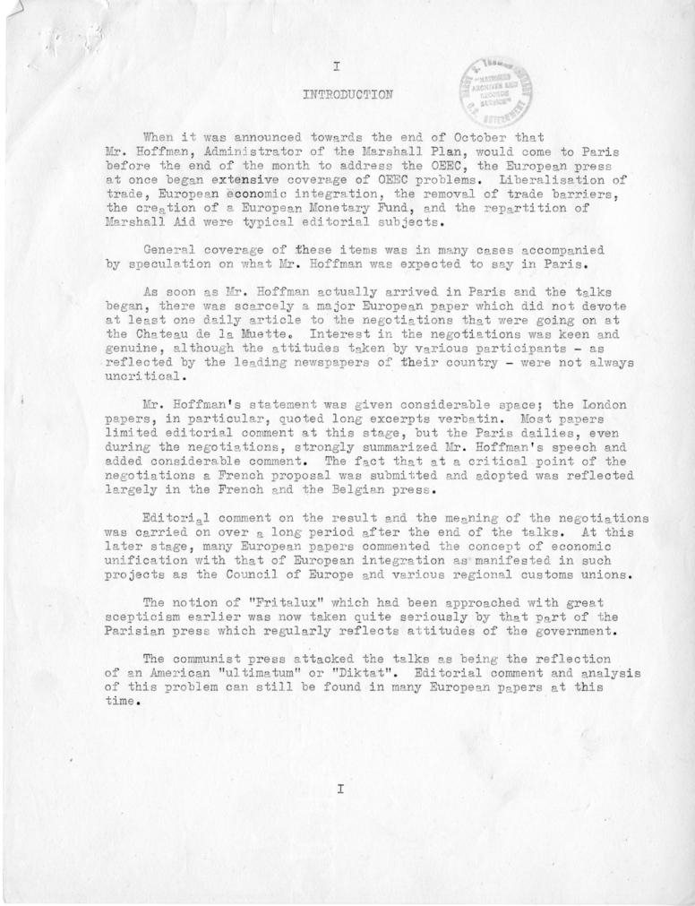 Review of European Press Reaction to Mr. Hoffman\'s Paris Visit and OEEC Negotiations, 25 October through 10 November 1949