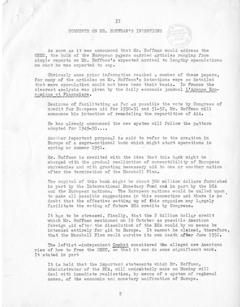 Review of European Press Reaction to Mr. Hoffman\'s Paris Visit and OEEC Negotiations, 25 October through 10 November 1949