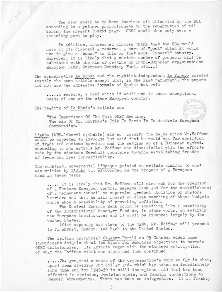 Review of European Press Reaction to Mr. Hoffman\'s Paris Visit and OEEC Negotiations, 25 October through 10 November 1949